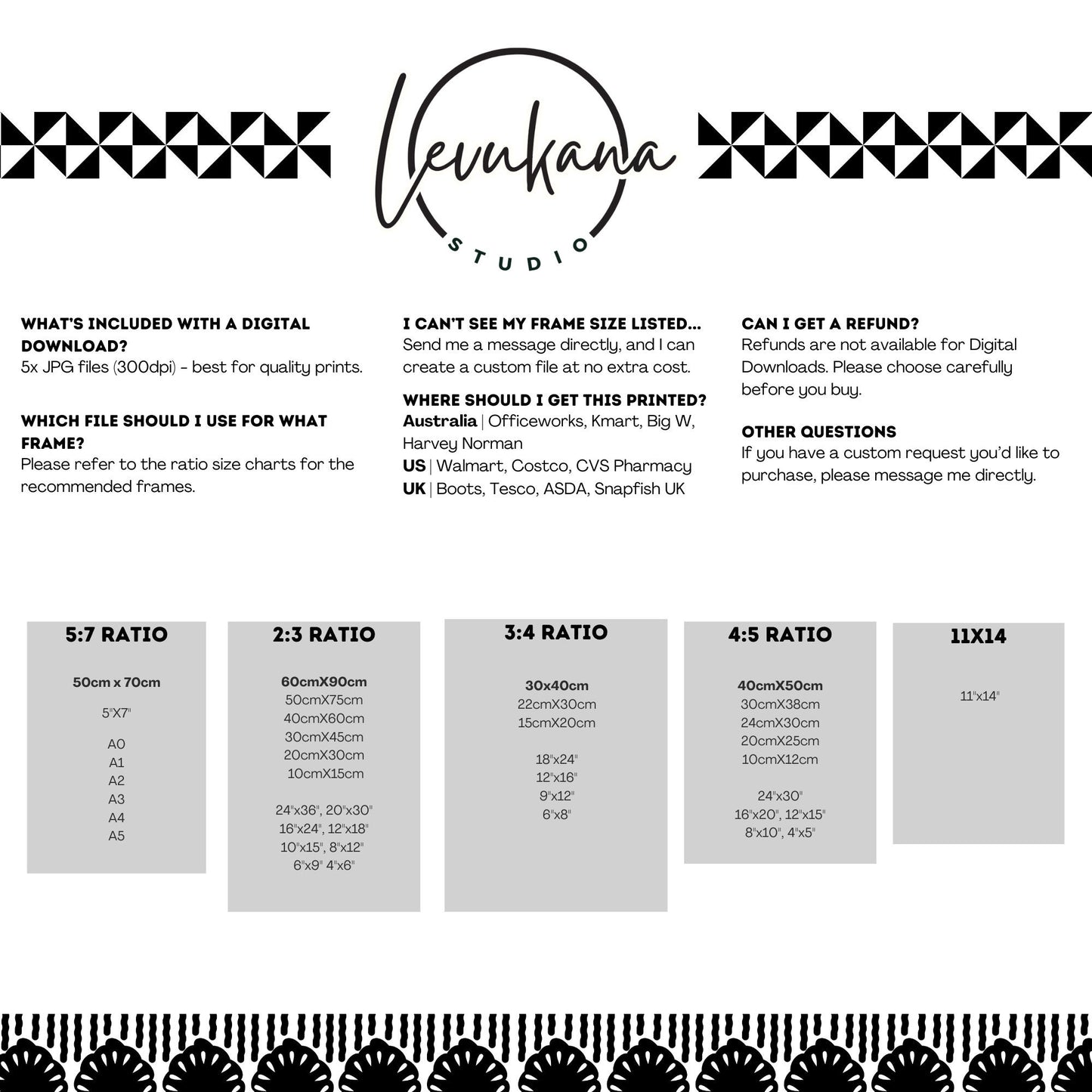 A list of the 5 digital files includded with your download, and the range of +40 frames each ration will fit. Ratios include 5x7, 2x3, x4, 4x5 and 11x14inch.