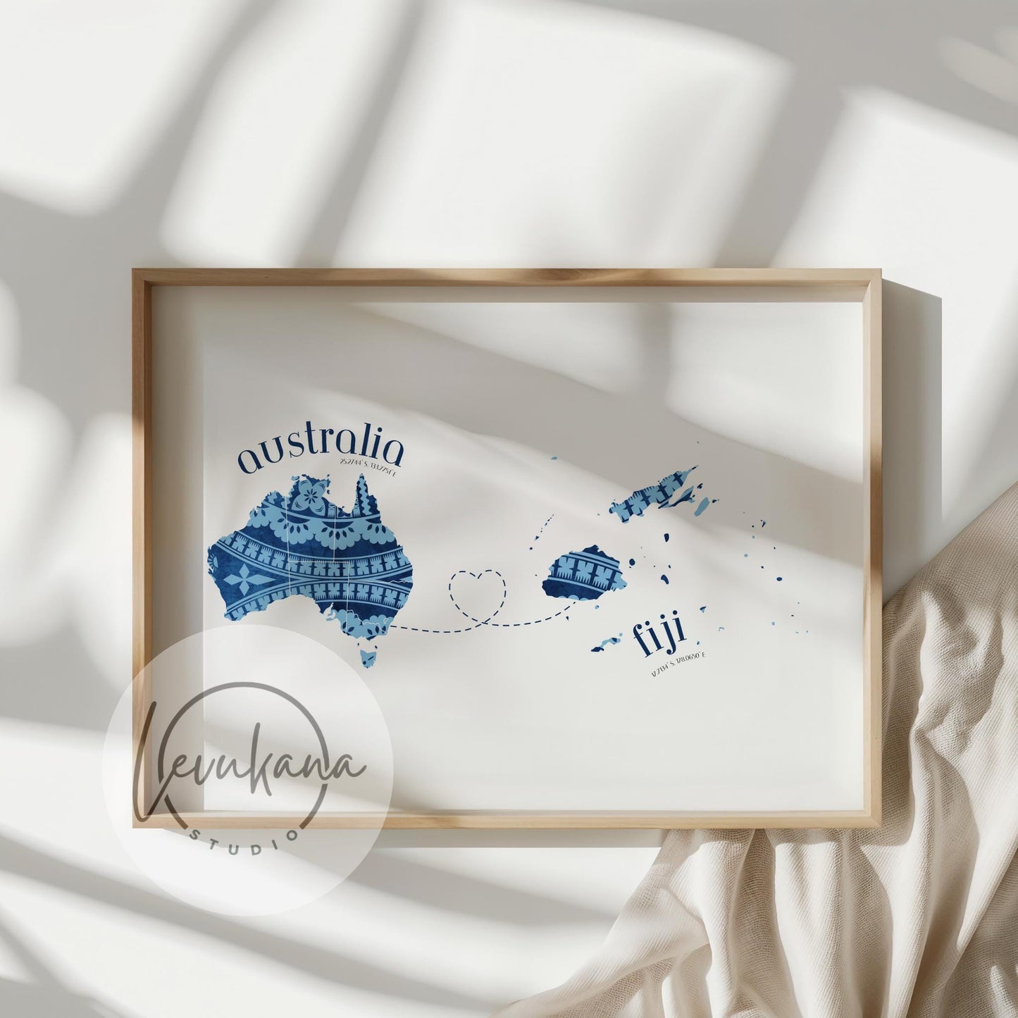 Fiji to Australia Map with Heart Print