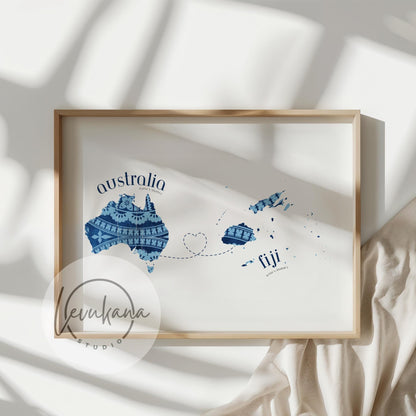 Fiji to Australia Map with Heart Print