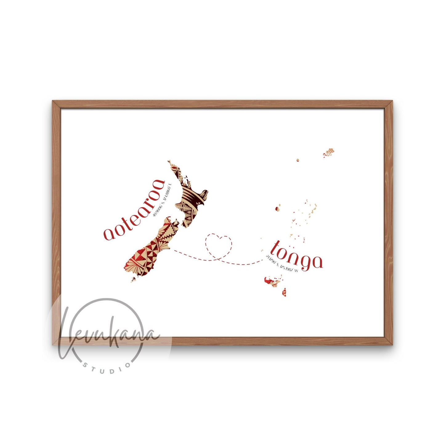 Tonga to Aotearoa Map with Heart Print