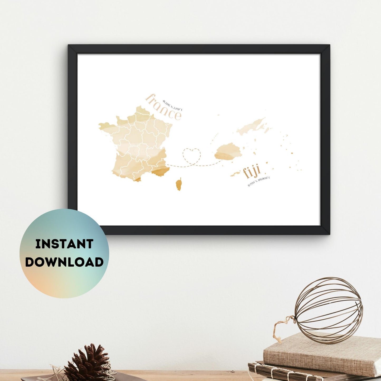 Fiji to France Map with Heart Digital Print