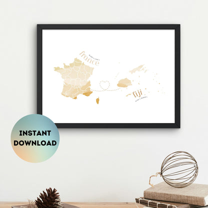 Fiji to France Map with Heart Digital Print