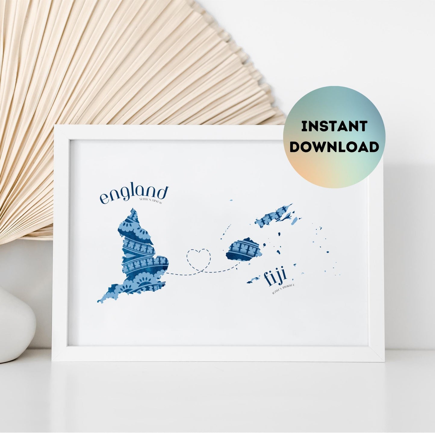 Fiji to England Map with Heart Print