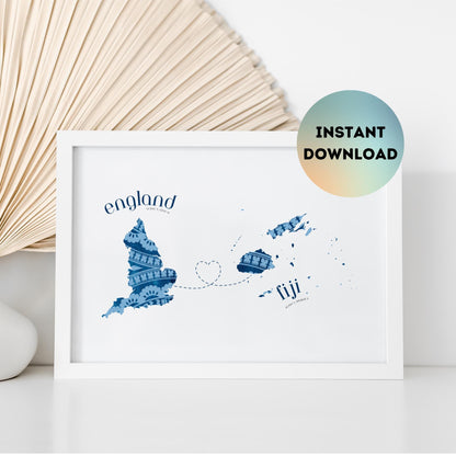 Fiji to England Map with Heart Print
