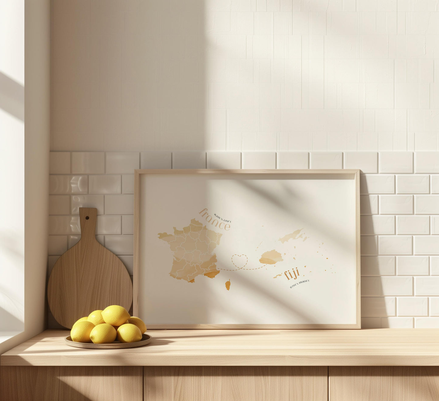 Fiji to France Map with Heart Digital Print