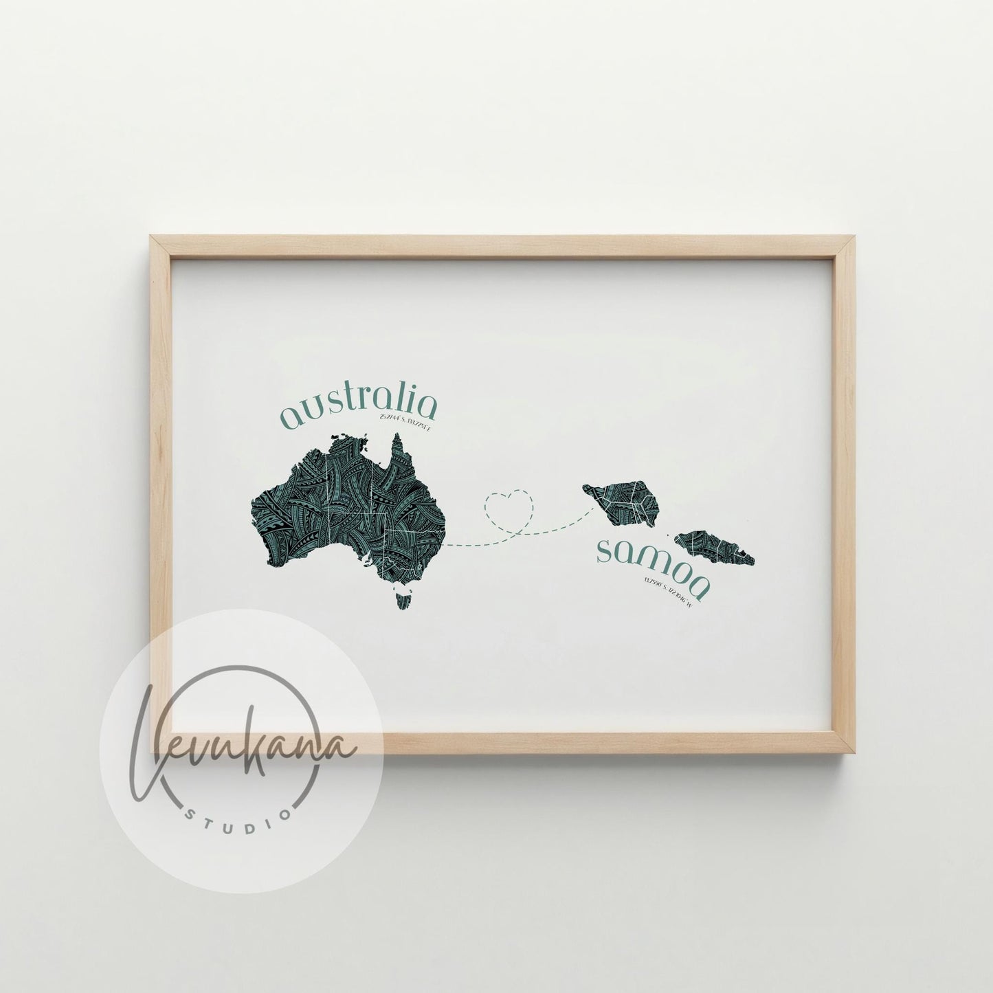 Samoa to Australia Map with Heart Print