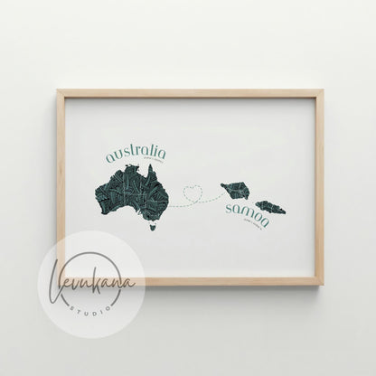 Samoa to Australia Map with Heart Print