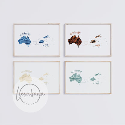 Fiji to Australia Map with Heart Print