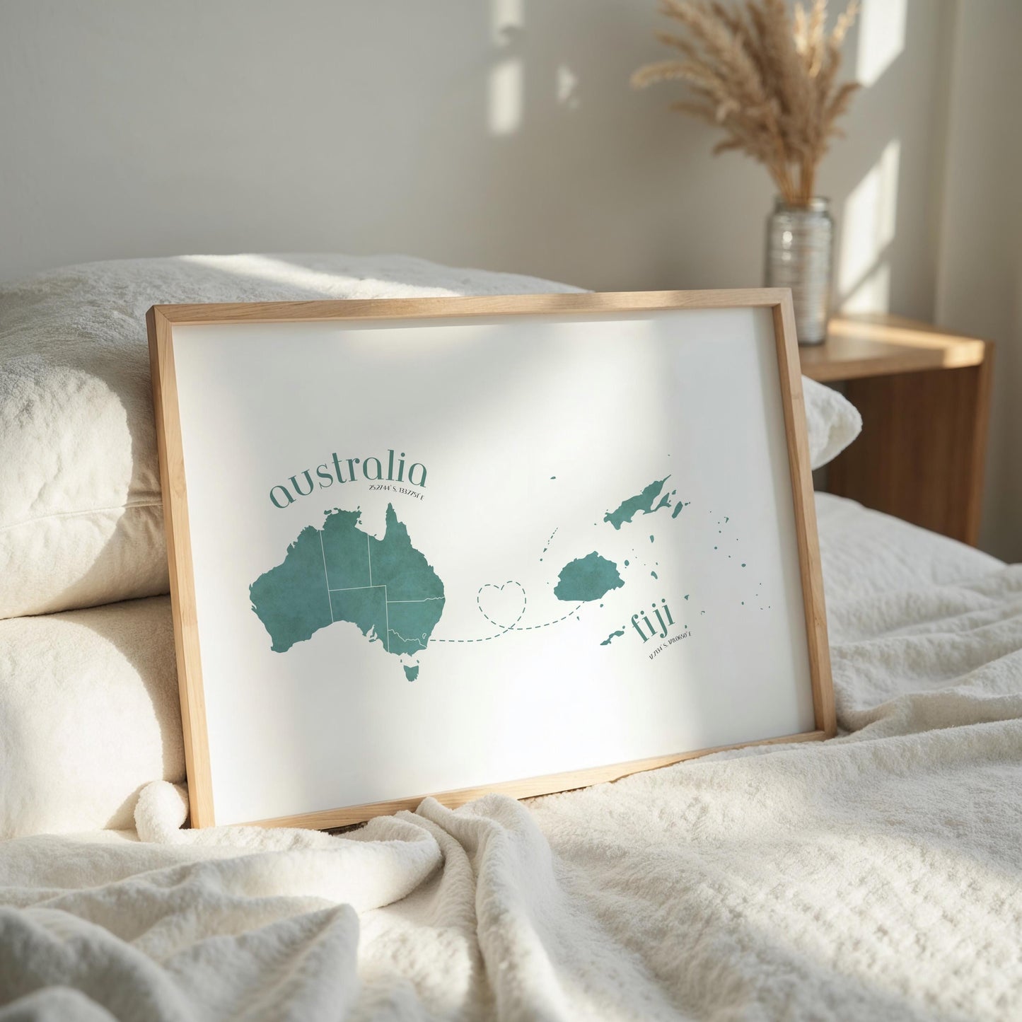Fiji to Australia Map with Heart Print
