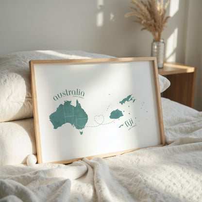 Fiji to Australia Map with Heart Print