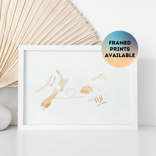 Fiji to Aotearoa (NZ) Map with Heart Print