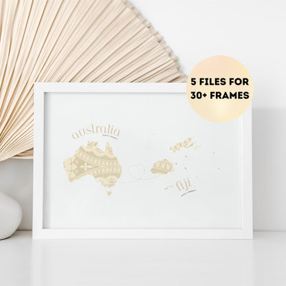 Fiji to Australia Map with Heart Print