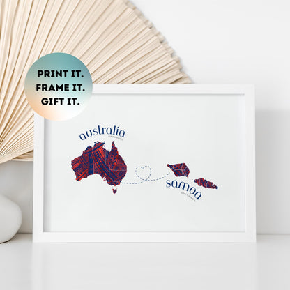 Samoa to Australia Map with Heart Print