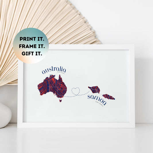 Samoa to Australia Map with Heart Print