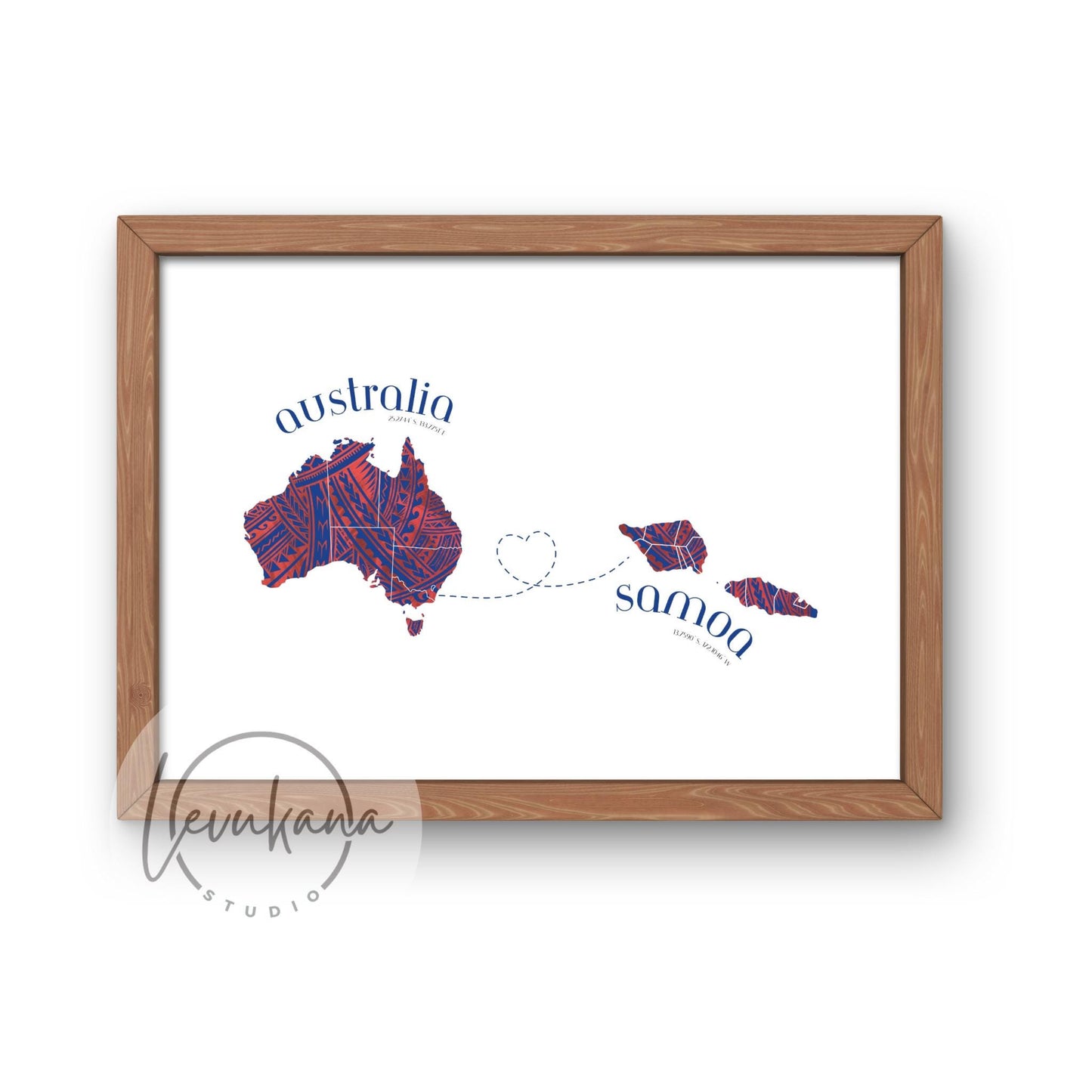 Samoa to Australia Map with Heart Print