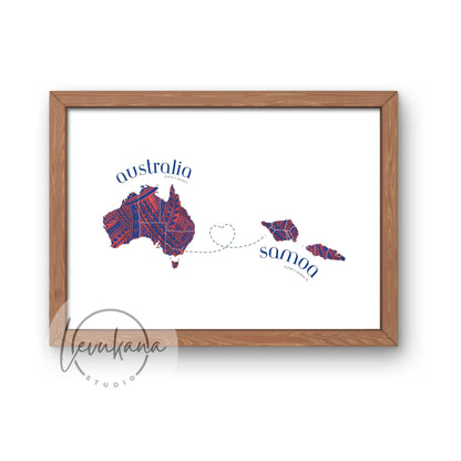 Samoa to Australia Map with Heart Print