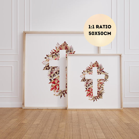 Tonga Scarlet Seashells Cross - Square Print