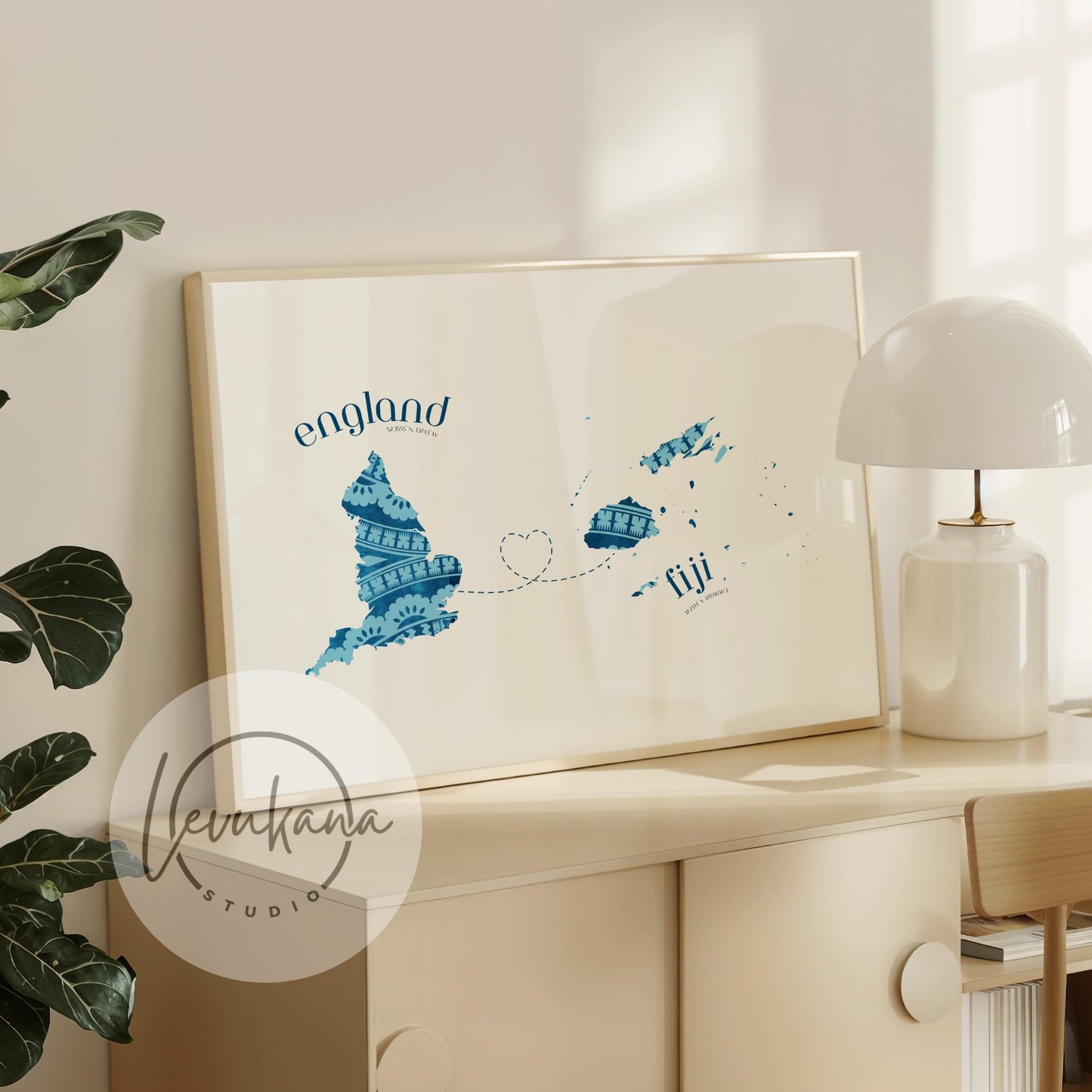 Fiji to England Map with Heart Print