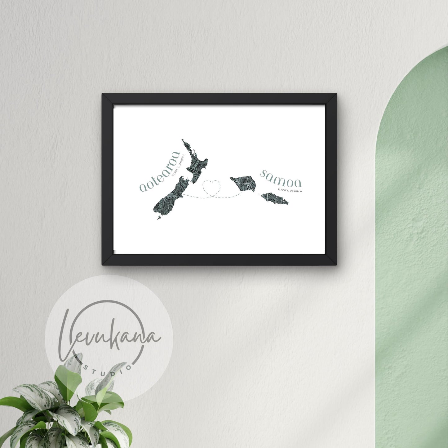 Samoa to Aotearoa Map with Heart Print