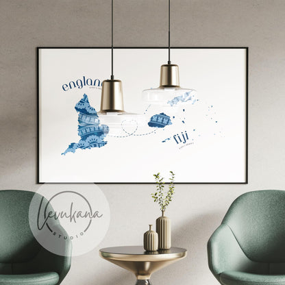 Fiji to England Map with Heart Print