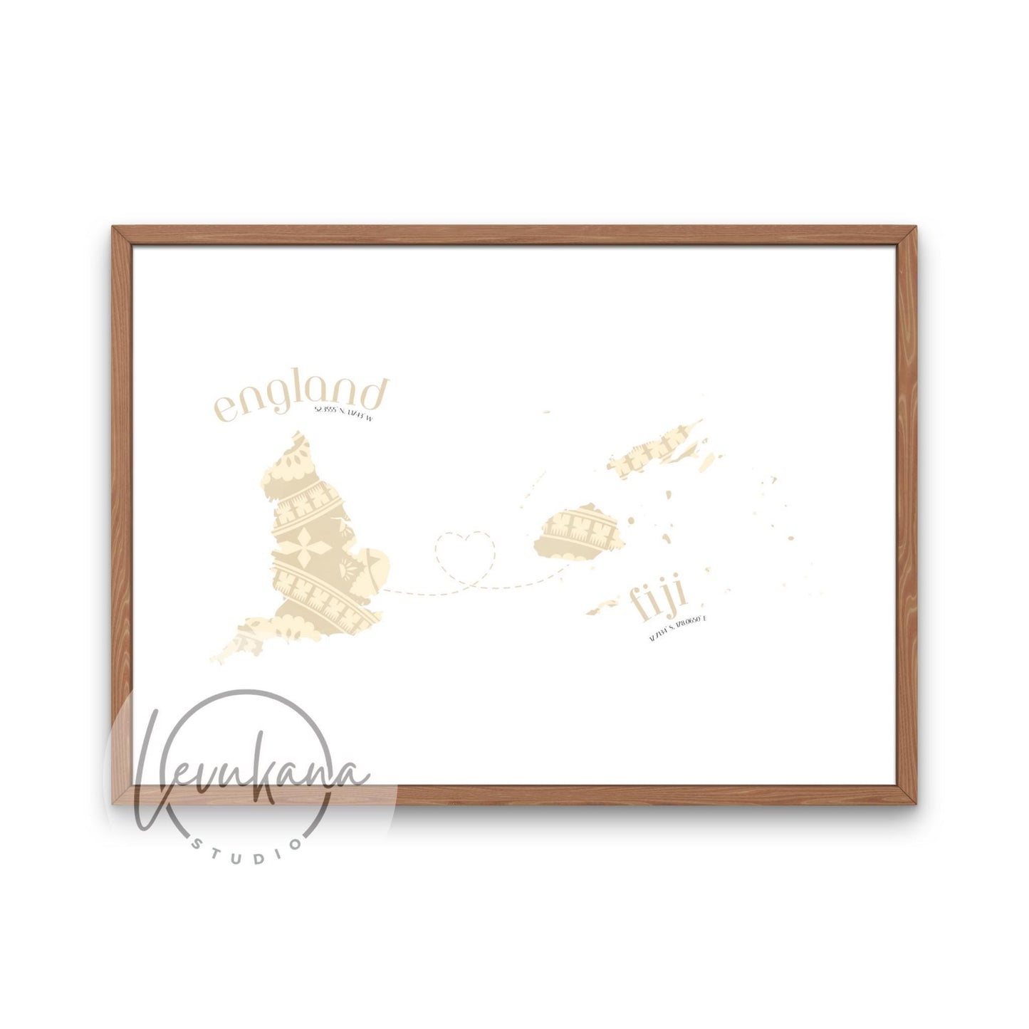 Fiji to England Map with Heart Print