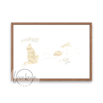 Fiji to England Map with Heart Print