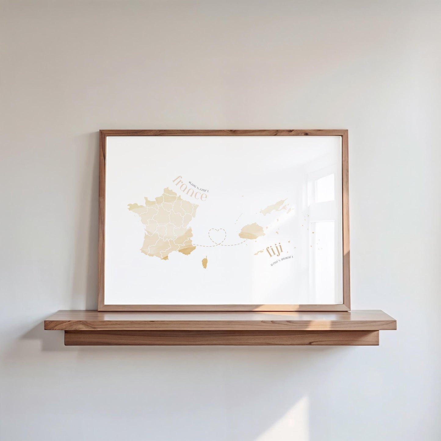 Fiji to France Map with Heart Digital Print