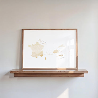 Fiji to France Map with Heart Digital Print