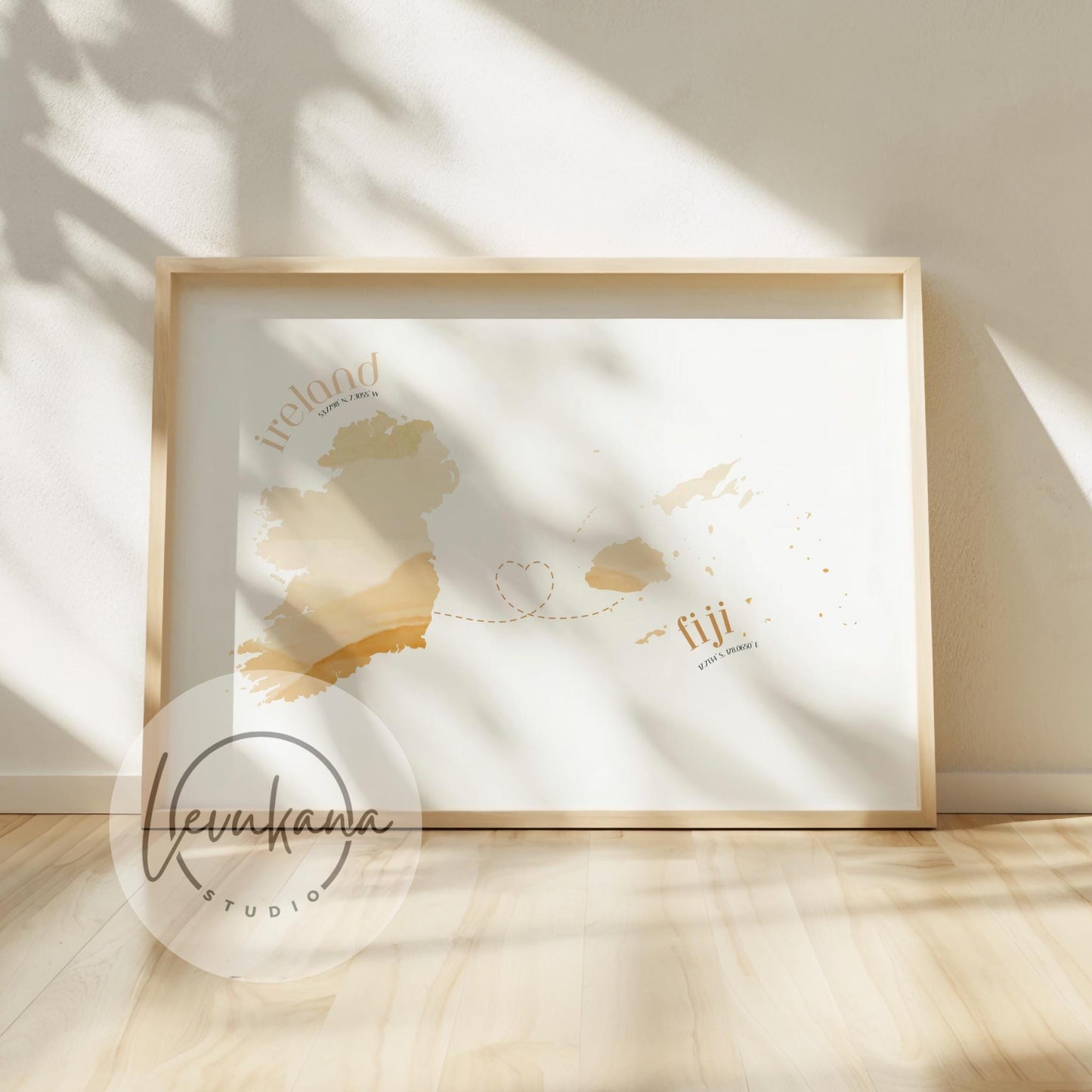 Fiji to Ireland Map with Heart Print