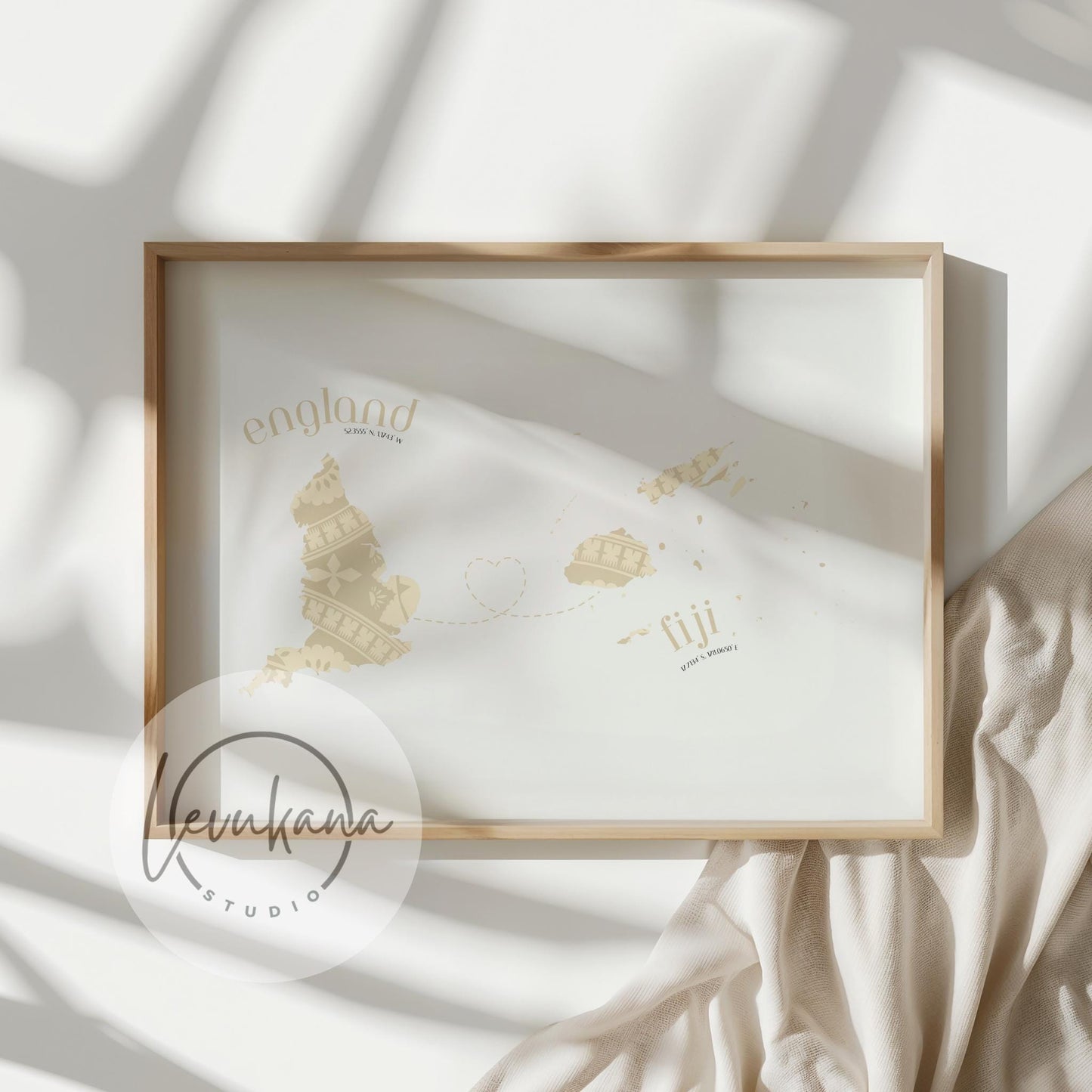 Fiji to England Map with Heart Print