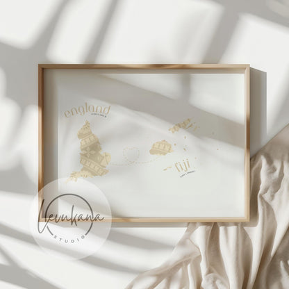 Fiji to England Map with Heart Print
