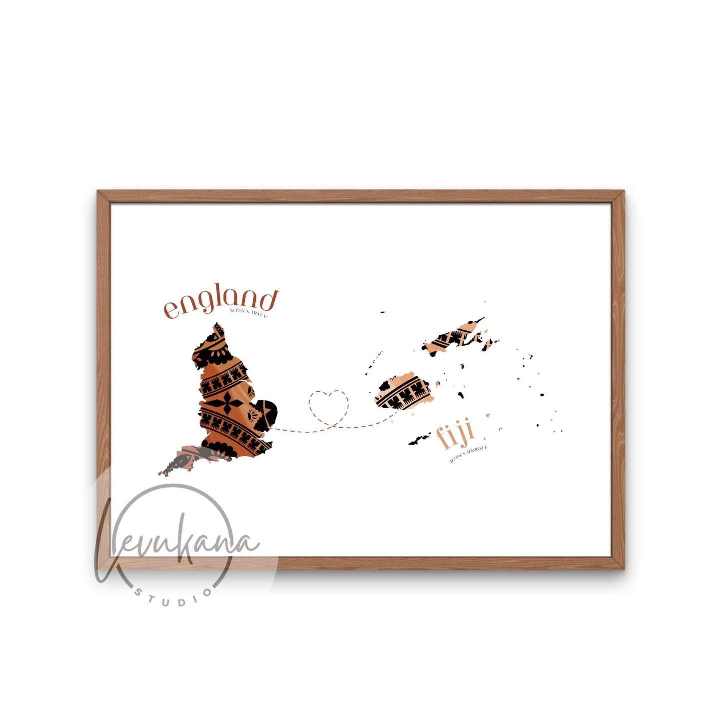 Fiji to England Map with Heart Print