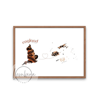Fiji to England Map with Heart Print