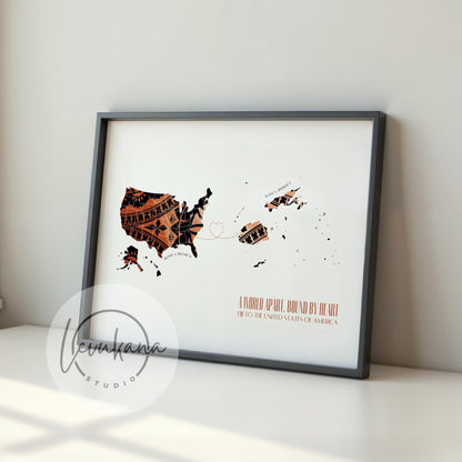 Fiji to USA Map with Heart Print