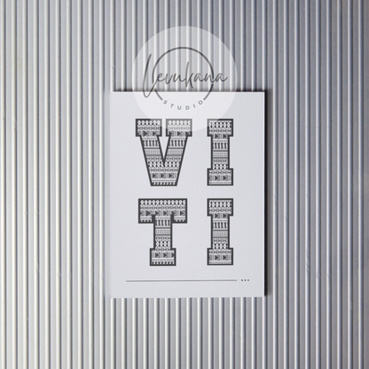 Celebrate the beauty of Fiji with our Viti Poster. Featuring the word "Viti" in a traditional Fijian-masi style print on a white background, this print is a unique and thoughtful gift for anyone who loves Fiji or is looking to add some cultural flair to their home. Bring the spirit of Fiji into your space with our Viti Poster.