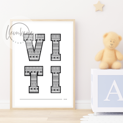 Celebrate the beauty of Fiji with our Viti Poster. Featuring the word "Viti" in a traditional Fijian-masi style print on a white background, this print is a unique and thoughtful gift for anyone who loves Fiji or is looking to add some cultural flair to a nursery. Bring the spirit of Fiji into your space with our Viti Poster.