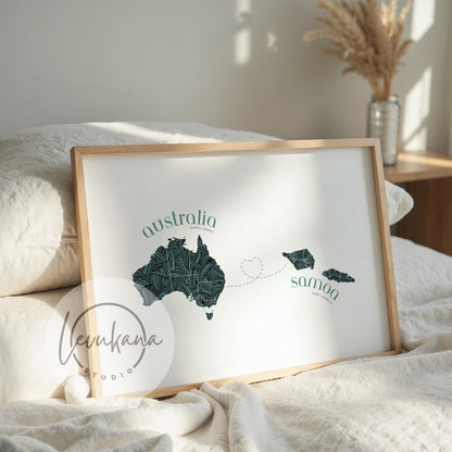 Samoa to Australia Map with Heart Print