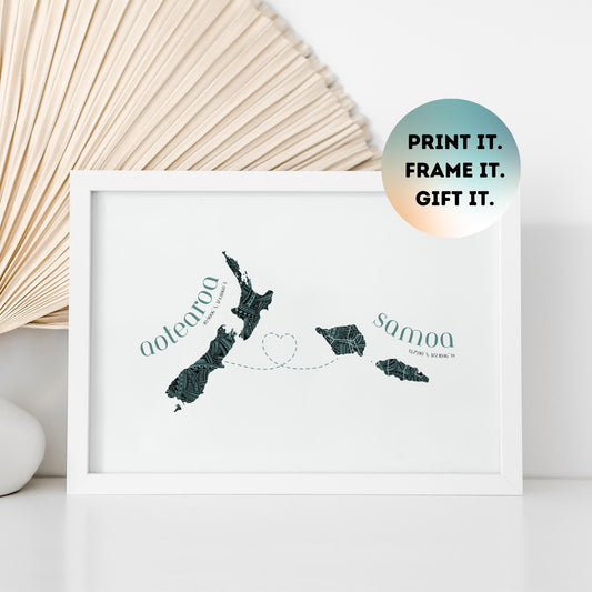 Samoa to Aotearoa Map with Heart Print