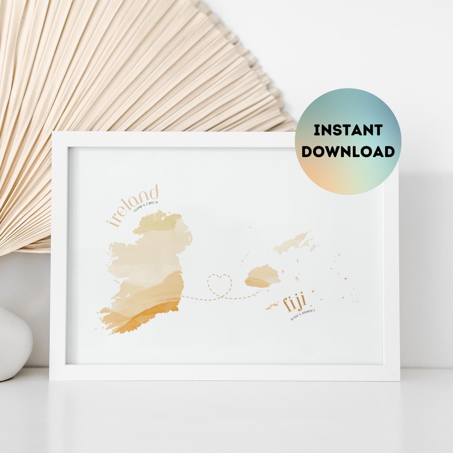 Fiji to Ireland Map with Heart Print