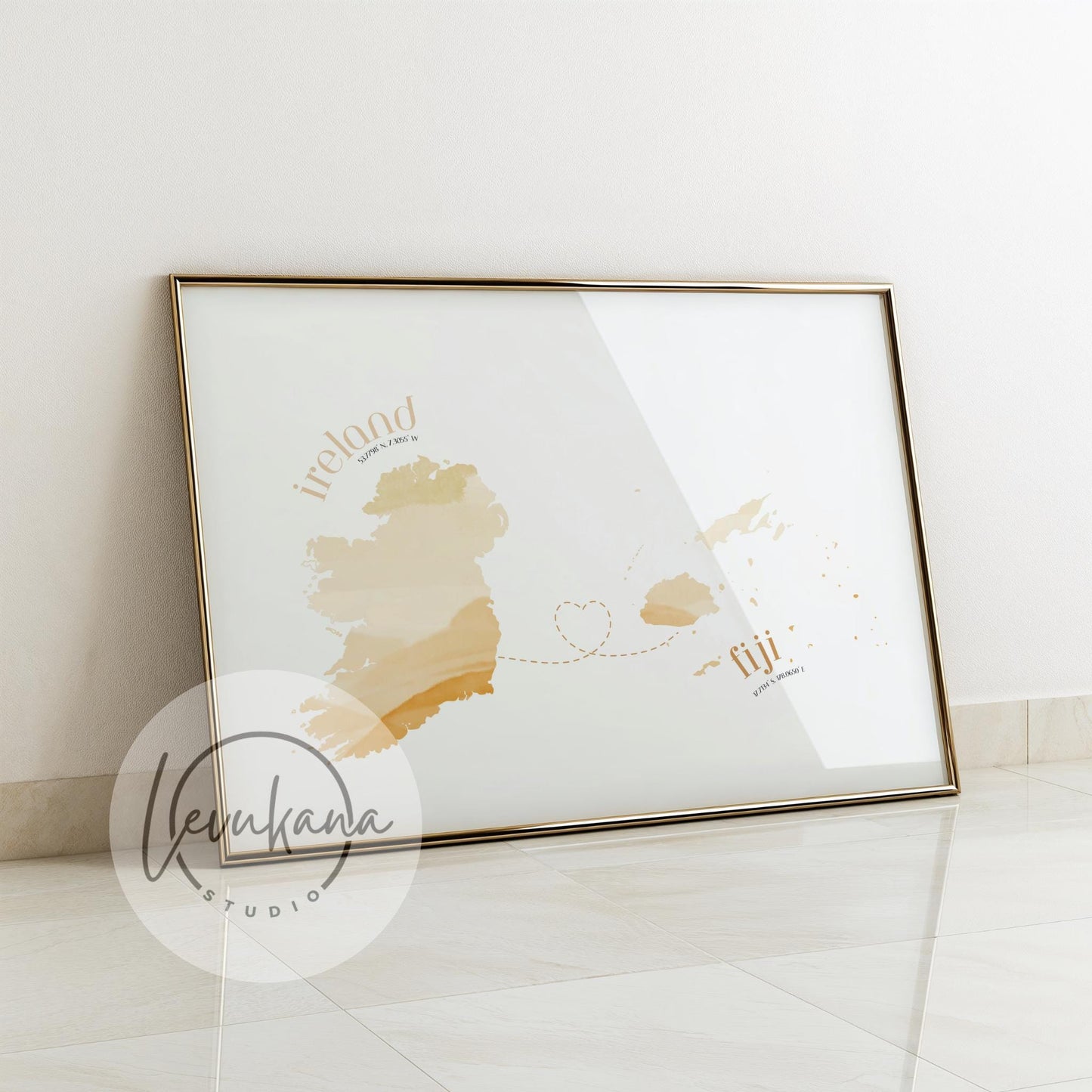 Fiji to Ireland Map with Heart Print