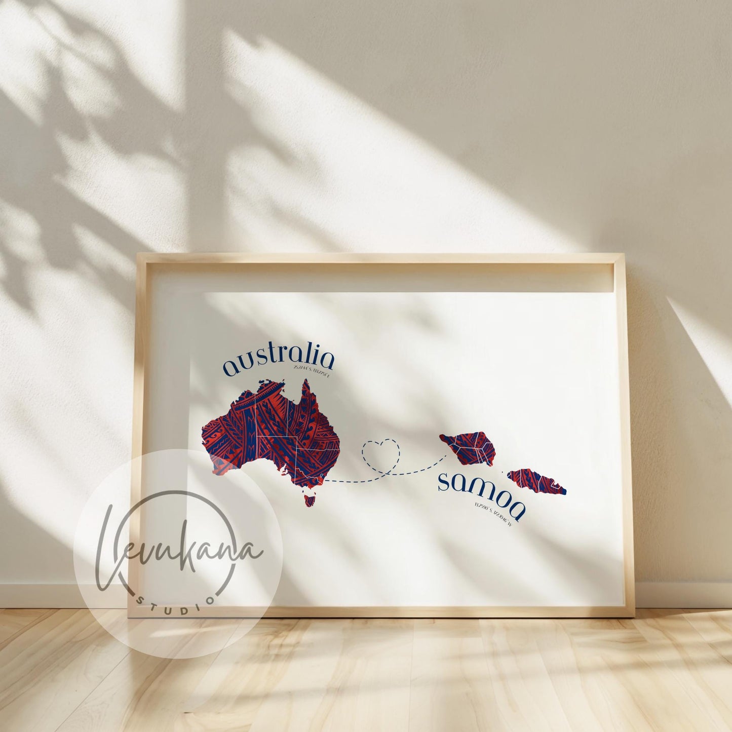 Samoa to Australia Map with Heart Print