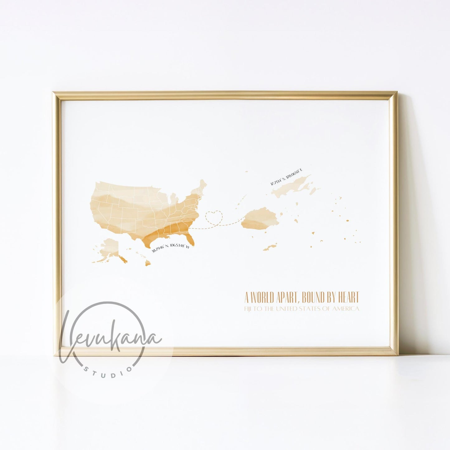 Fiji to Australia Map with Heart Print