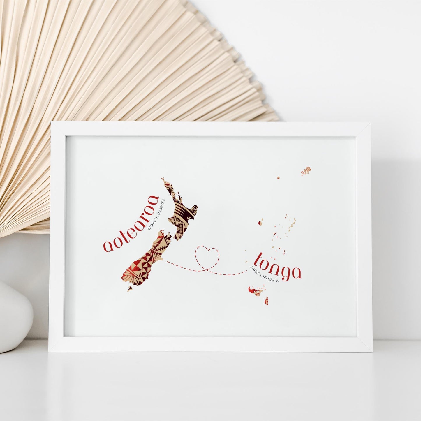 Tonga to Aotearoa Map with Heart Print