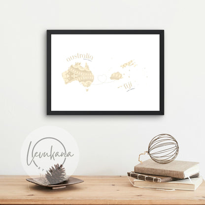 Fiji to Australia Map with Heart Print