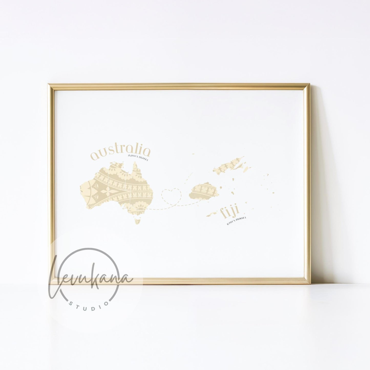 Fiji to Australia Map with Heart Print