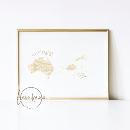 Fiji to Australia Map with Heart Print