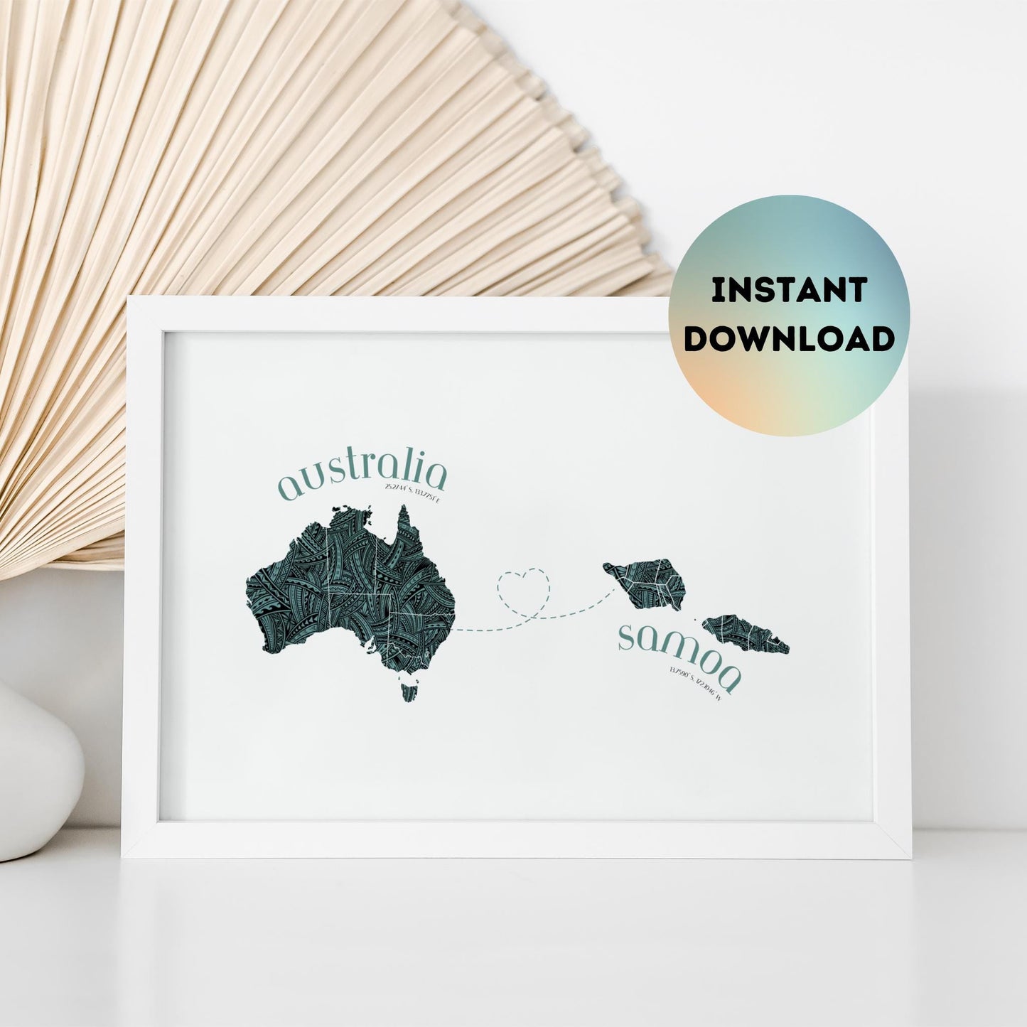 Samoa to Australia Map with Heart Print