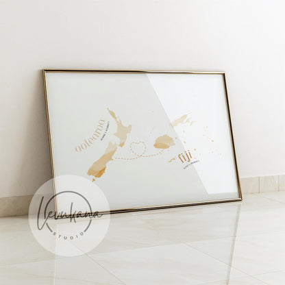 Fiji to Aotearoa (NZ) Map with Heart Print