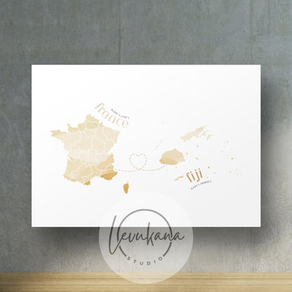 Fiji to France Map with Heart Digital Print