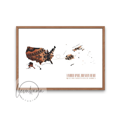 Fiji to USA Map with Heart Print